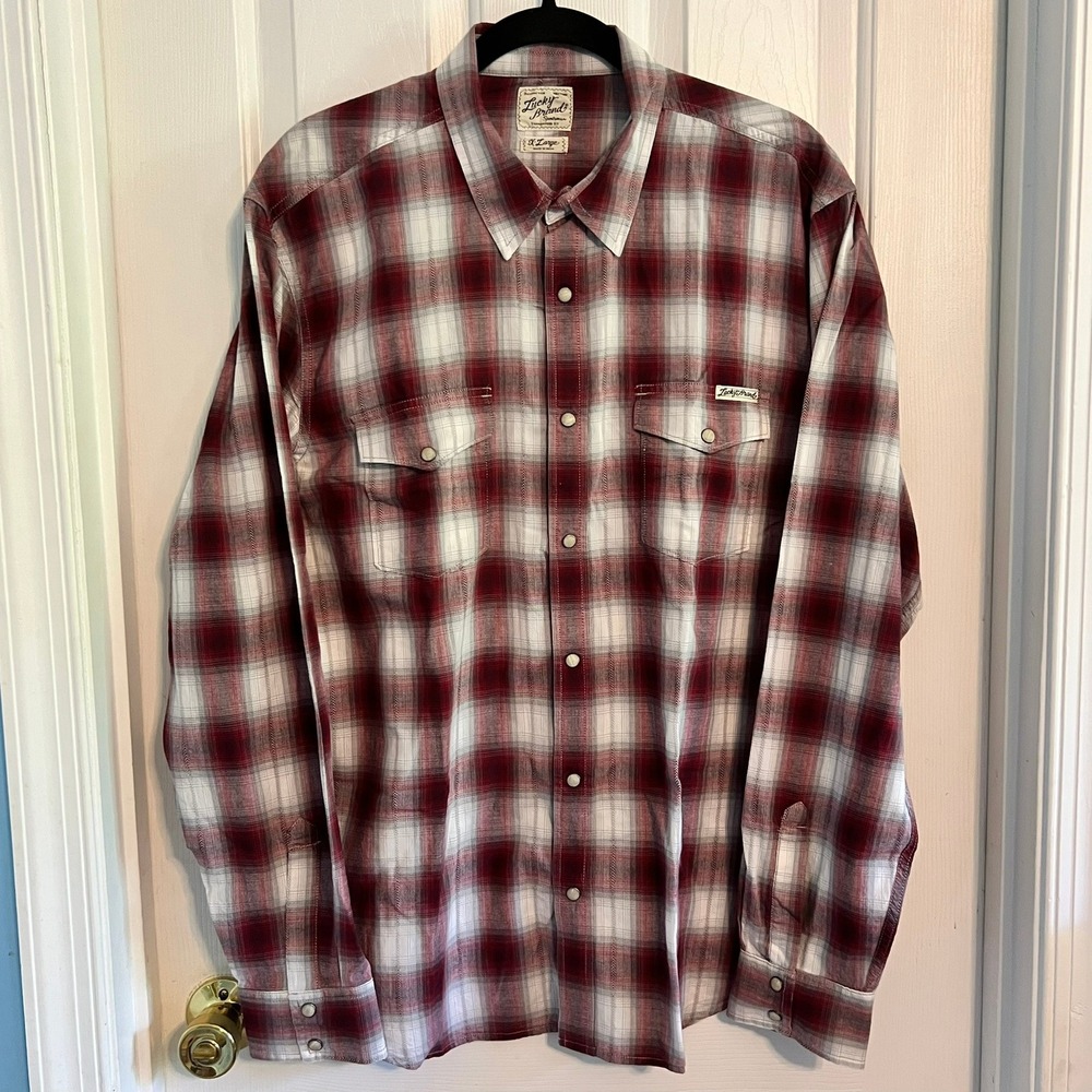 EUC Lucky Brand Mens Red Plaid Western Pearl Snap Shirt XL 7MD41077 Long Sleeve